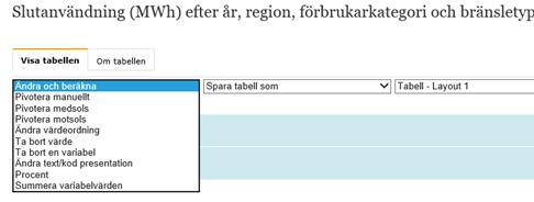 Välj önskad tabell. Välj sedan önskad region (riket, län eller kommun), önskad förbrukarkategori, önskad bränsletyp samt önskat år. Det går även bra att välja samtliga alternativ.