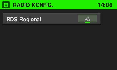 Aktivering eller avaktivering av RDS Regional Tryck på knappen SETUP (9) och peka sedan på RADIO KONFIG. Menyn RADIO KONFIG. visas. Ställ in RDS Regional på På eller Av.