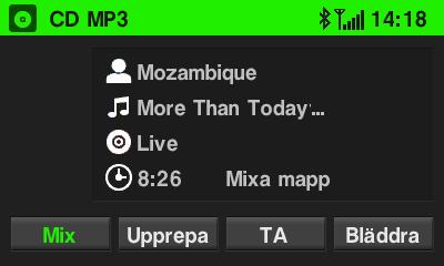 Slumpvis spelning Under uppspelning av en ljud-cd: Om mix-läget är aktiverat spelas alla spåren på en ljud-cd upp i slumpmässig ordning. Peka på Mix för att aktivera eller avaktivera mix-läget.