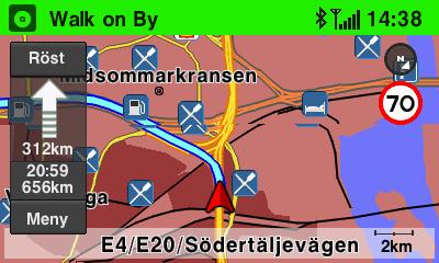 Ändra läge för tidsvisningen Tryck på knappen MAP (6). Följande skärmbild visas: Peka på tidsinformationen till vänster på skärmen, ovanför Meny.