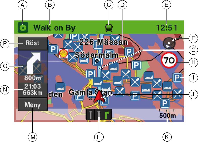 Information på kartan För att visa kartan med den nuvarande positionen, tryck på knappen MAP (6). Om navigeringssystemet är aktiverat visas följande information: A. Vald ljudkälla B.