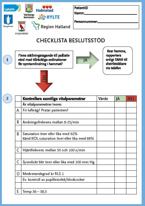 B Andningsfrekvens mellan 8-25/min B Saturation över eller lika med 92 % känd KOL saturation över eller lika med 88% C Hjärt frekvens mellan 50-100 s/min 2.! JA! NEJ! Kontrollera!samtliga!