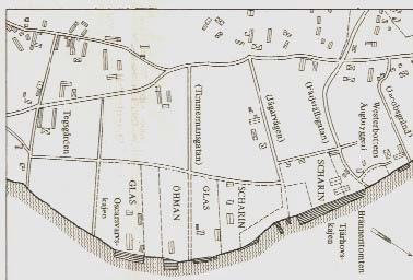 3 Utdrag ur laga skifteskartan 1877-78. Den redovisar fyra varvsplatser ägda av Scharinska firman, handlanden Öhman, Gammvarvet och konsul Glas, Oscarsvarf.