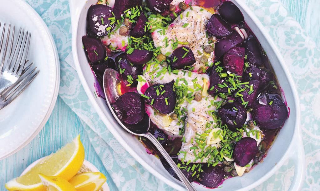 RECEPT 1 35 min 459 kcal/port Fett 23g Kolhydrater 35g Protein 28g Fisk i ugn med rödbetor och örter Härlig fisk i ugn med rödbetor.