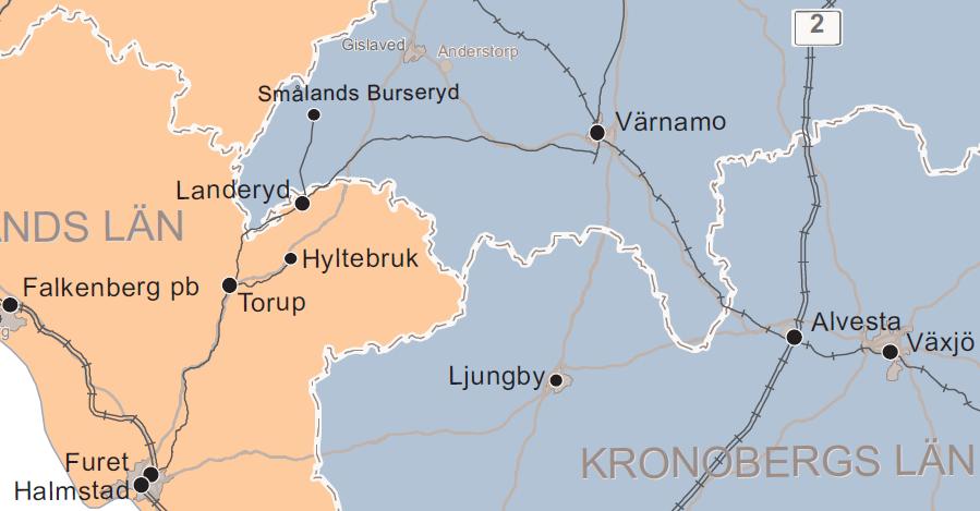 Figur 5. HNJ-banan med anslutande banor. Direkta tågresor saknas mellan Smålandsstenar och Jönköping. Gislaved är sålunda utan möjlighet till tågresor i stråket.