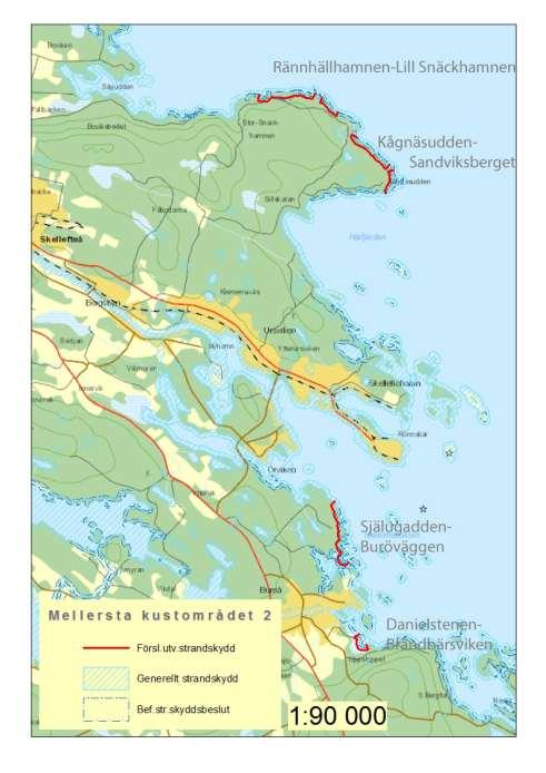 10 I mellersta kustområde 2 föreslås 4 strandområden (på fastlandet) få utvidgat strandskydd.