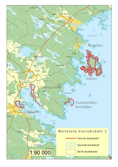 11 I mellersta kustområde 3 föreslås 5 strandområden (3 på fastlandet och 2 öar) få utvidgat strandskydd.