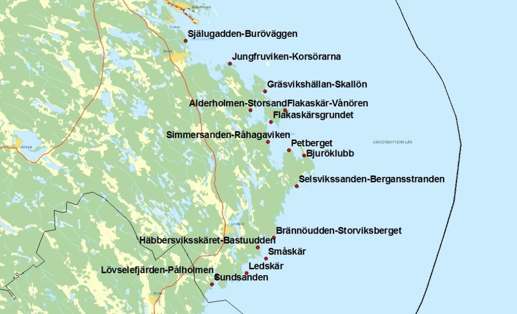 4 Områden i Skellefteå kommuns södra kustområde föreslås få utvidgat strandskydd: Alderholmen-Storsand Bjuröklubb Brännöudden-Storviksberget Flakaskär-Vånören Gräsvikshällan-Skallön