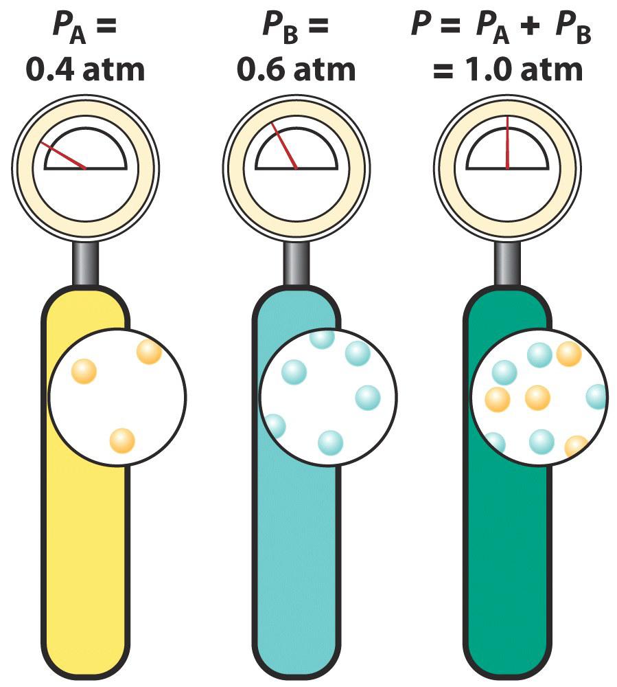 Gasblandningar Daltons lag Totaltrycket hos en gasblandning är summan av gasernas partialtryck beräknade som om varje gas var