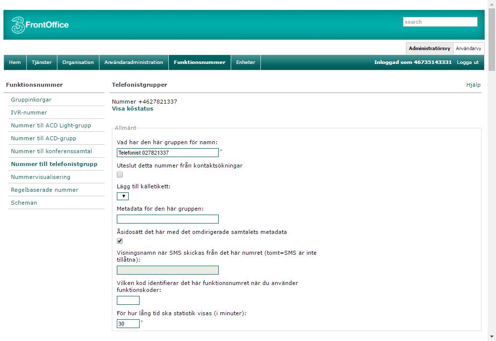 Perioder Standardvärde för perioder är 30 minuter. För telefonistgrupper kan du själv bestämma hur lång en period är. 1 Logga in på webbsidan 3frontoffice.tre.se och visa administratörsvyn.
