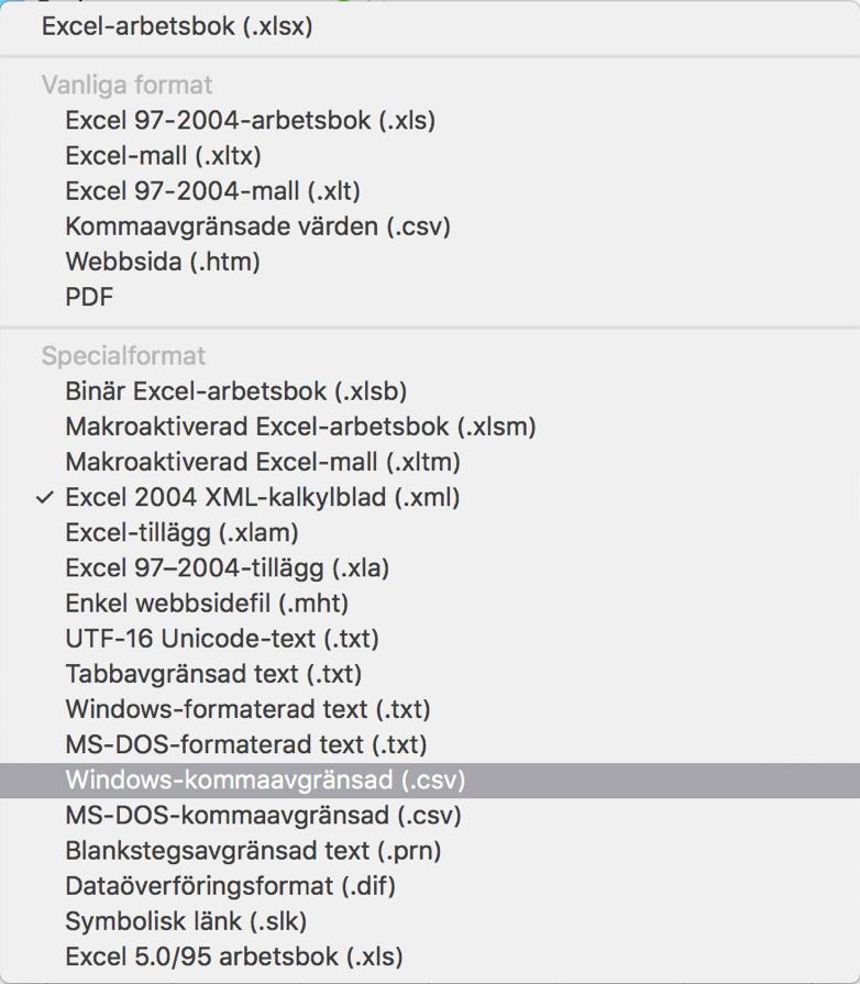 Spara CSV-fil i Excel och importera till databasen När du är färdig med att mata in din menydata väljer du Arkiv > Spara som. Här kan du döpa filen samt välja var du vill exportera ut den.