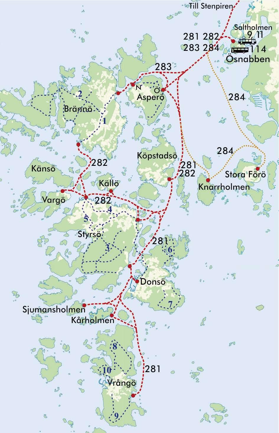 Sex stora helårsöar, och några mindre Alla öar har sin egen karaktär, som lockar med sitt. På kartan ser du båtlinjerna till repektive ö samt hänvisning till naturstigar och promenadvägar.