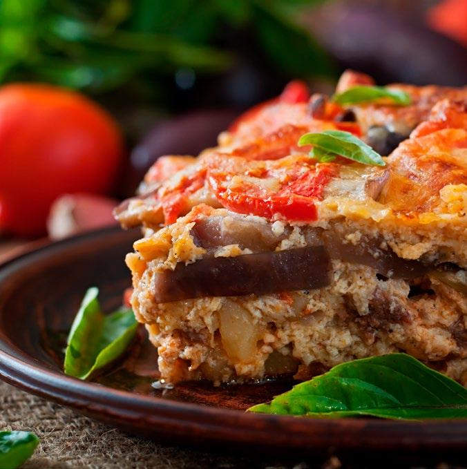 Vegetariskt Moussaka med linser & ost 100 portioner 300 g/portion ca 8 kr/portion Tärnade tomater Salladsost Gröna linser Rapsolja Riven morot Strimlad paprika Vitlök Oregano Grönsaksbuljong