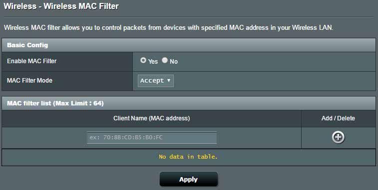 4.1.4 Trådlöst MAC-filter Wireless MAC filter (Trådlöst MAC-filter) ger kontroll över paket som sänds till en specificerad MAC- (Media Access Control) adress på den trådlösa routernätverket.