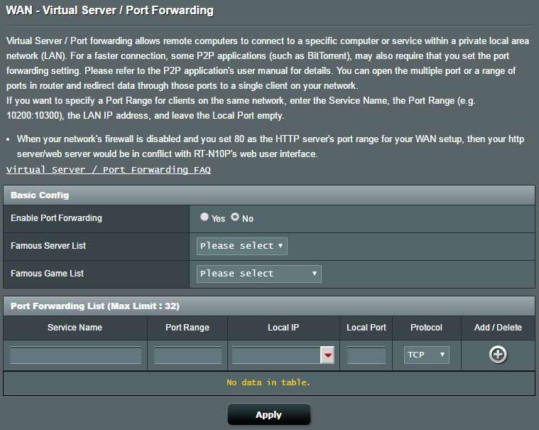 4.3.3 Virtuell server/portvidarebefordran Portvidarebefordran är en metod för att dirigera nätverkstrafik från Internet till en specifik port eller portintervall för att bestämma antalet enheter i