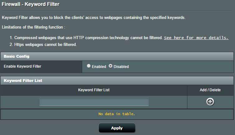 Installera ett URL-filter: 1. Från navigeringsfältet, gå till fliken Advanced Settings (Avancerade inställningar) > Firewall (Brandvägg) > URL Filter. 2.