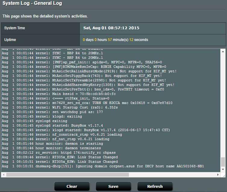 4.8 Systemlogg System Log (Systemlogg) innehåller dina inspelade nätverksaktiviteter. OBS! Systemloggen återställs när routern startas om eller stängs av. Visa din systemlogg: 1.