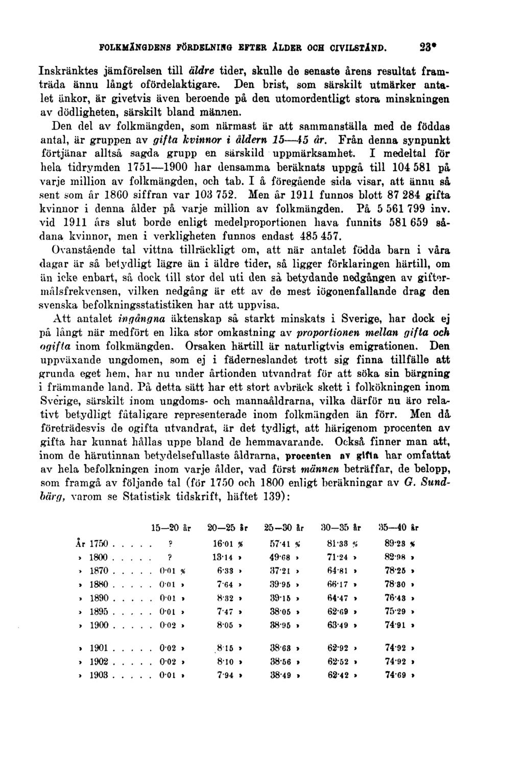 FOLKMÄNGDENS FÖRDELNING EFTER ÅLDER OCH CIVILSTÅND. 23* Inskränktes jämförelsen till äldre tider, skulle de senaste årens resultat framträda ännu långt ofördelaktigare.