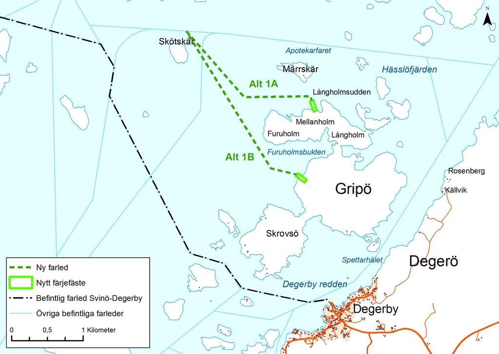 En ny farled behöver anläggas på sträckan mellan befintlig farled och fram till nytt färjfäste. Liksom för alternativ 1a blir sträckningen öster om Skötskär.