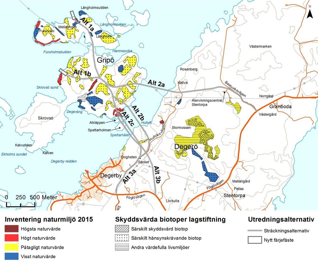 5.2 Naturmiljö och fågelliv Nuläge En fågelinventering 18 samt en naturvärdesinventering 19 med inventeringar i maj och juni 2015 har genomförts på Gripö, Långholm samt Degerö.