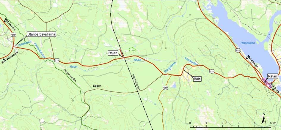 Befintliga förhållanden Geografisk omfattning Den planerade ombyggnaden omfattar väg 315 samt dess närmsta omgivningar mellan korsningen med väg 316 vid Utanbergsvallarna och korsningen med E45 vid