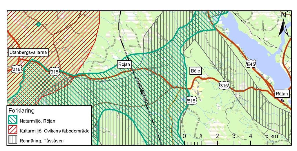 Ett riksintresseutpekat område för rennäringens markanvändning breder ut sig både norr och söder om vägen. Figur 5. Kartan visar riksintressen längs med vägen.