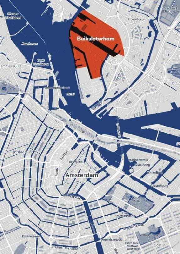 Figur 5-9 Översiktskarta över centrala Amsterdam med området Buiksloterham markerat. Figur med tillstånd av Metabolic.