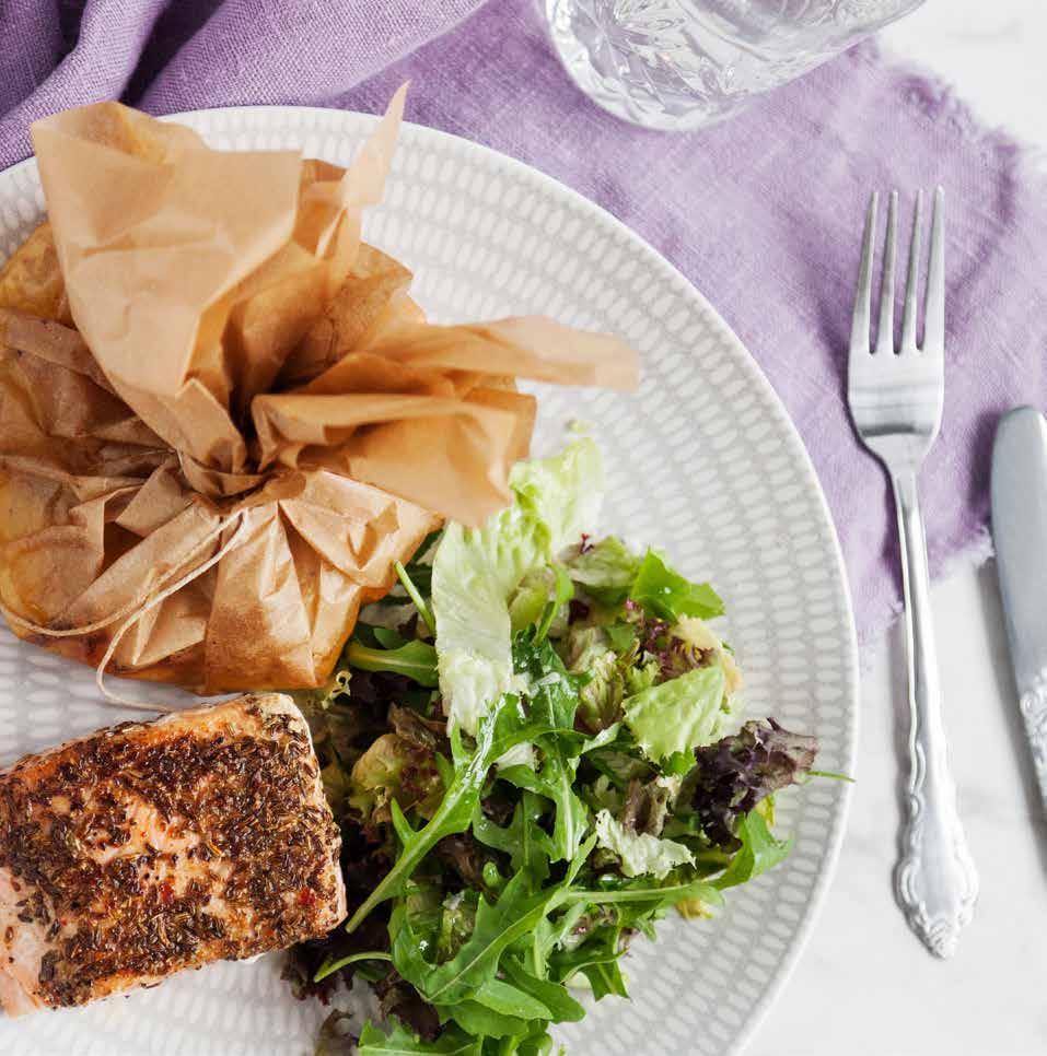 KUMMIN- OCH FÄNKÅLS- GRILLAD LAXFILÉ med potatis- och blomkålspaket 4 port.