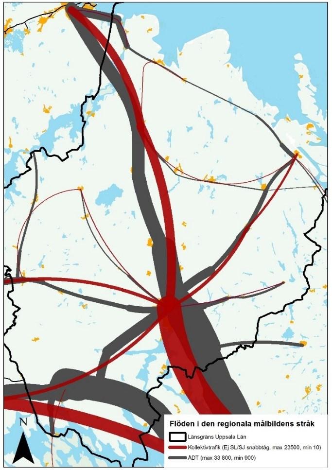 16 (50) Figur 9. Kartan visar intensiteten av transporter i stråken. Uppgifterna är från 2012 och sedan dess har flödena ökat men relationerna mellan olika stråk består.