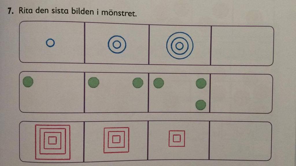 Det är endast en uppgift som tar upp växande geometriska mönster, men dock på olika sätt (se figur 6b). I denna uppgift får eleverna möta både växande och avtagande mönster. Figur 6a.