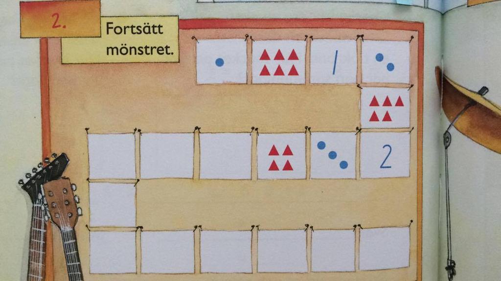 Eleverna ska fortsätta på olika mönster i samma uppgift. I första rutan är en prick, i andra sex trianglar och i tredje rutan en etta.