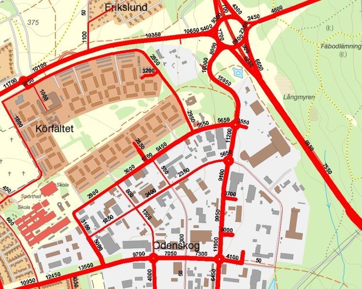 Figur 3: Flöden i Lillänge-området vid nyexploatering och befintligt vägnät, siffror anger vardagsdygnstrafiken i båda riktningar.