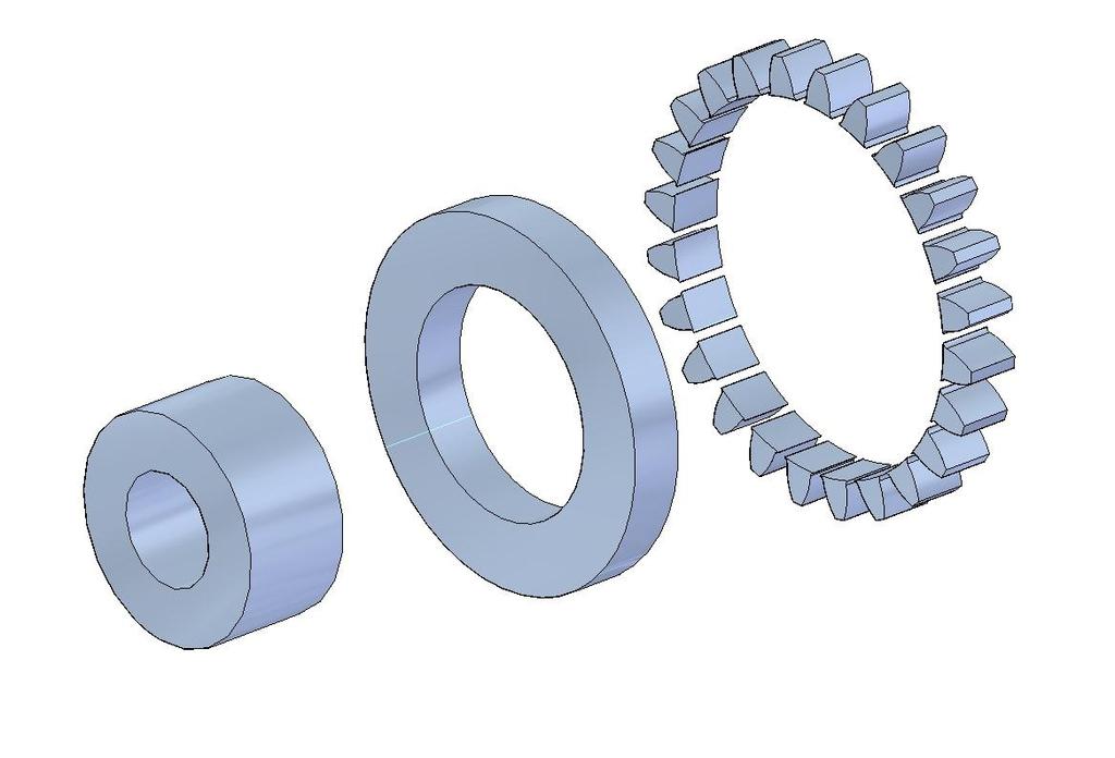 Kugghjulet delas upp i tre delar enligt Figur 15 där kuggarna, mellanringen och innerringen väger 0,168 kg, 0,456 kg och 0,458 kg. Masströghetsmomentet beräknas för varje del och summeras.