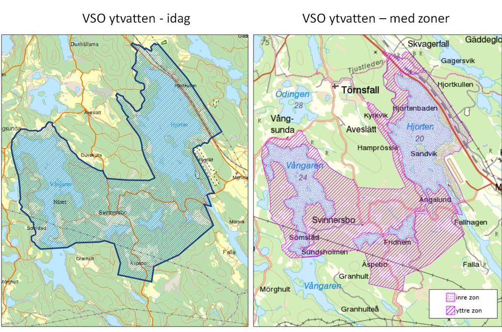 NATURVÅRDSVERKET 7(10) Figur 1 visar till vänster hur vattenskyddsområdet publiceras idag och till höger önskad framtida hantering där även zonerna framgår.