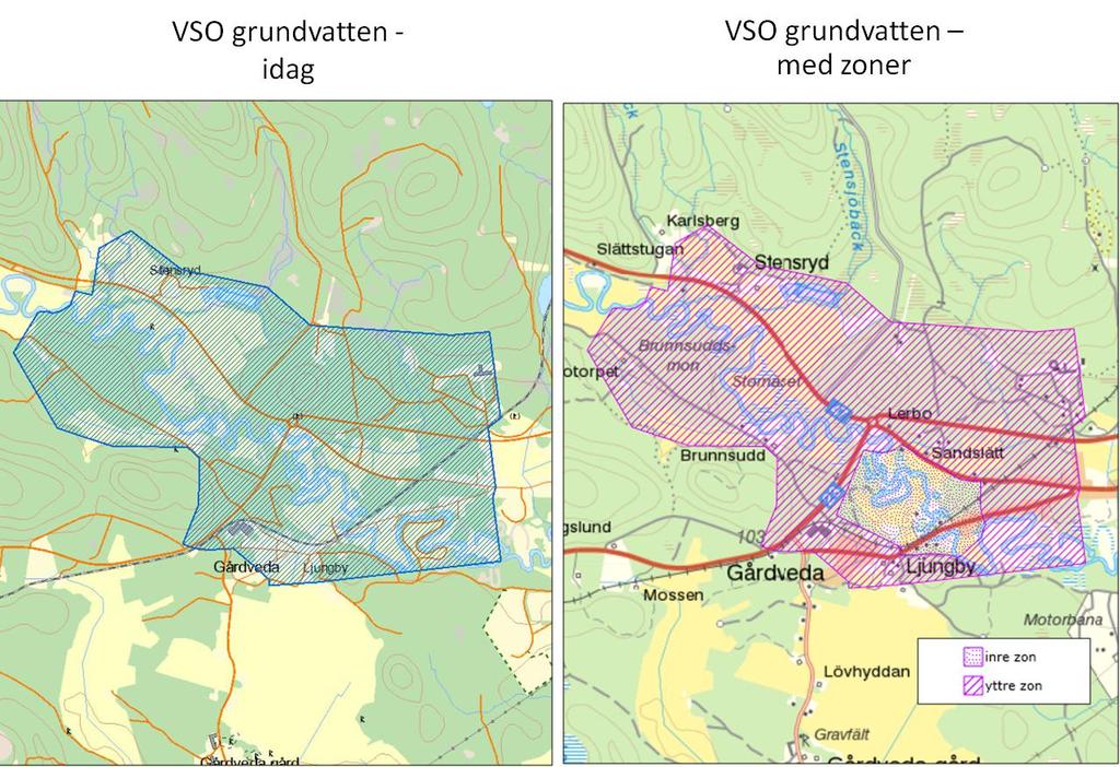 Vid en analys av storleksordningen för en primär skyddszon för en grundvattentäkt så varierar den arealen inom Västra Götalands län mellan 0,5 hektar för det minsta området till 94 hektar för det