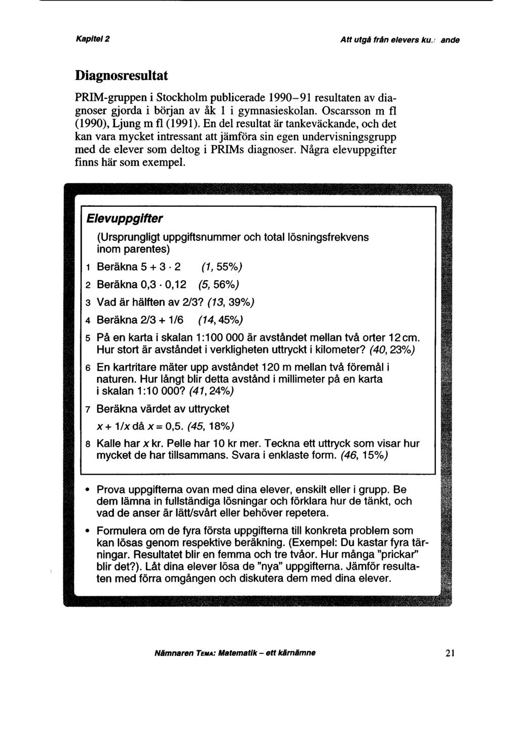 Diagnosresultat PRIM-gruppen i Stockholm publicerade 1990-91 resultaten av diagnoser gjorda i början av åk 1 i gymnasieskolan. Oscarsson m fl (1990), Ljung m fl (1991).