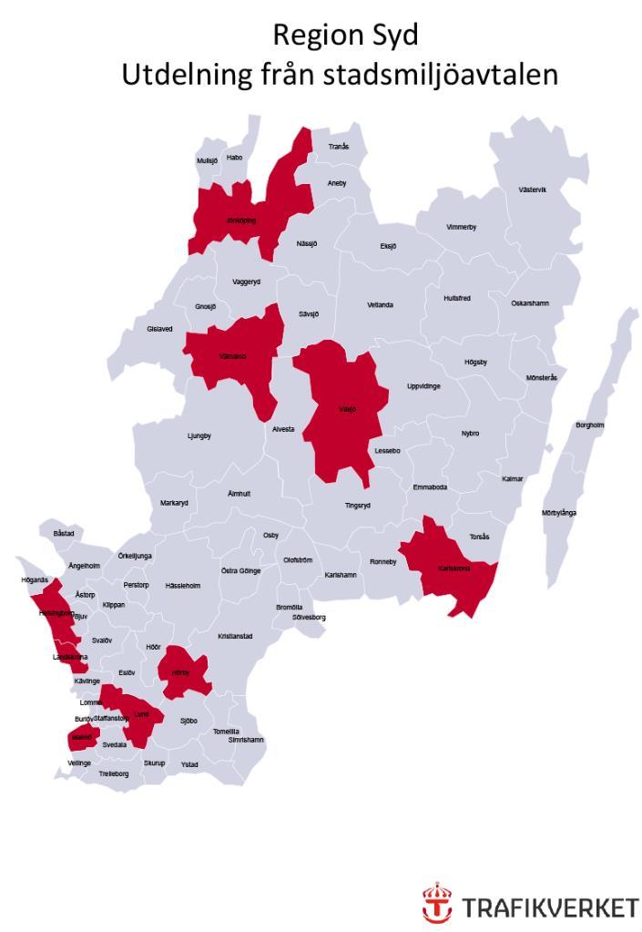 Utfall Syd Fördelning över beviljade medel i Region Syd (miljoner) Karlskrona 35,05 Växjö 22,775 Värnamo