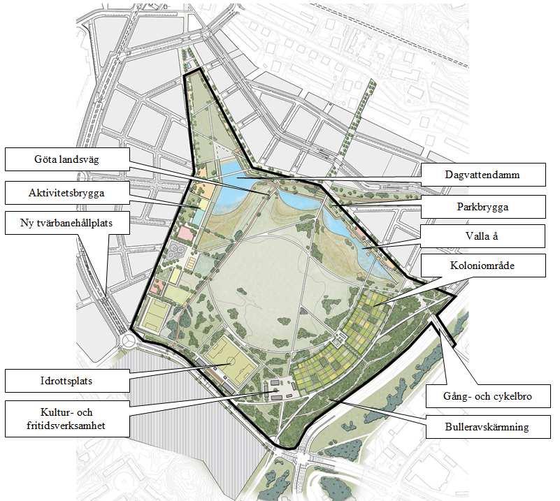 Sida 5 (14) Parkens centrala del består av ett stort och öppet fält, med närhet till Valla å och en dagvattendamm.