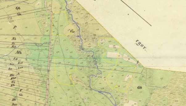 Brunnhem Laga skifte 1854. Gröna ytor är slåtteräng och ljusa är åker. 1880-tal.