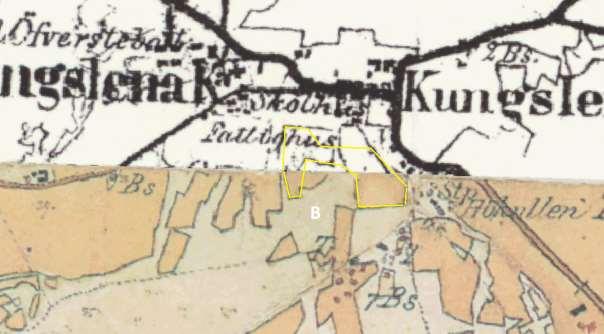Kungslena 1880-tal (På gräns mellan två kartblad, varav det norra endast finns i svartvitt). Ganska småskaligt landskap i mellanbygd, med stor andel åker.