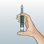 ställ in en dos på 1-2 enheter genom att vrida pennan, håll pennan upprätt position och tryck på doseringsknappen för att