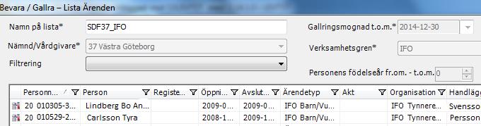 Sortera listan När Du öppnar listan är den alltid sorterad på ärendebärarens/huvudpersonens namn. Du kan dock enkelt sortera om listan på valfri kolumn, t. ex.