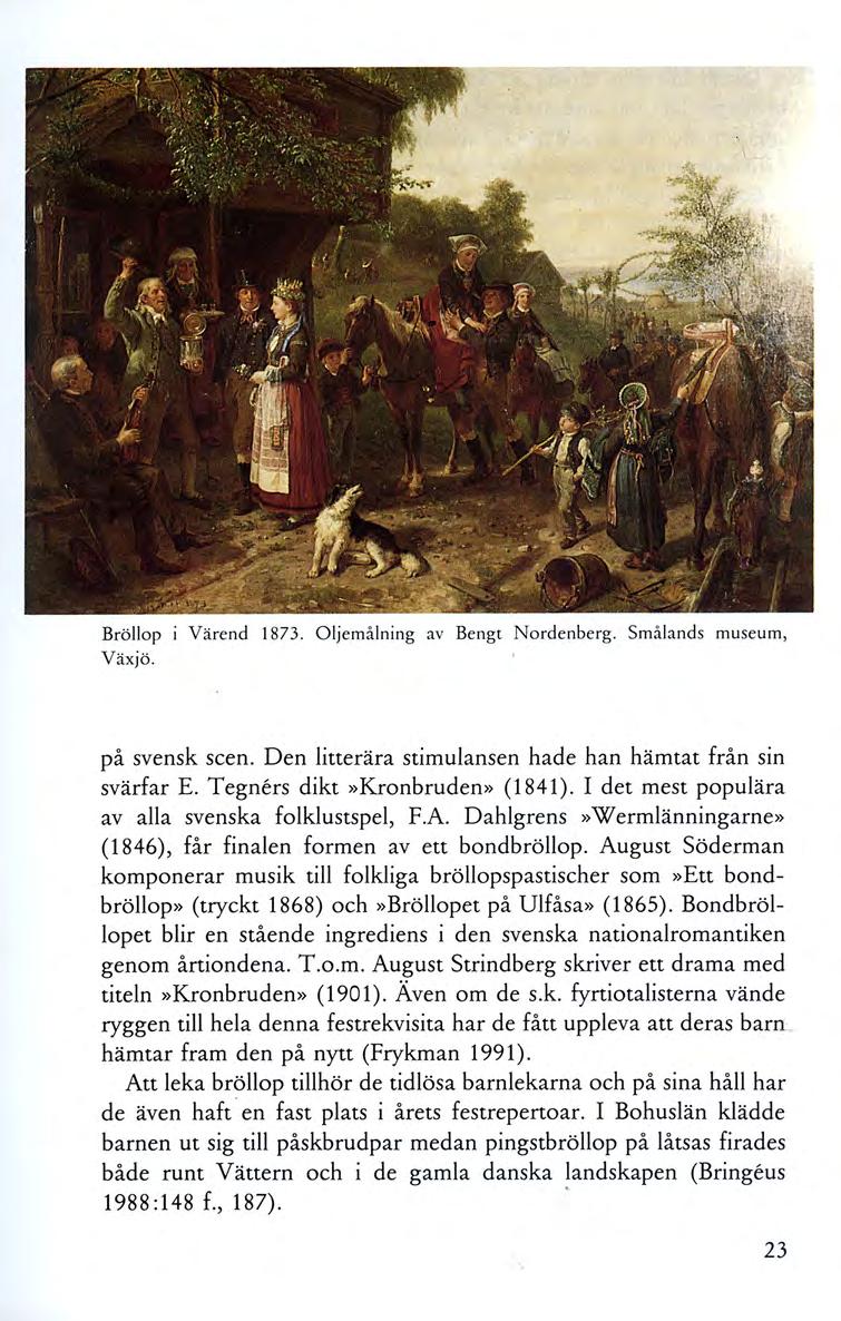 Bröllop i Värend 1873. Oljemålning av Bengt Nordenberg. Smålands museum, Växjö. på svensk scen. Den litterära stimulansen hade han hämtat från sin svärfar E. Tegners dikt»kronbruden» (1841).