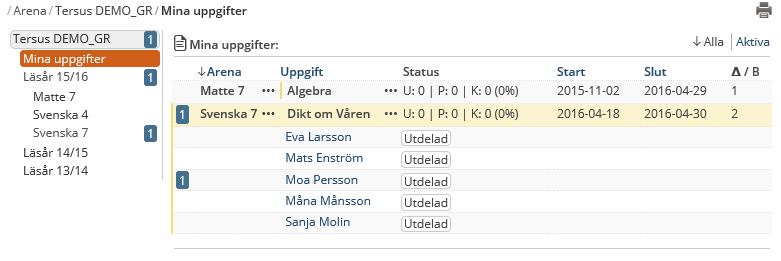 Klicka på uppgiftens namn för att se detaljer om viken elev det är som svarat. Klicka på eleven namn för att läsa elevens svar. Siffrorna försvinner så snart uppgiften är läst.