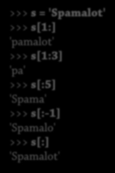 Strängar 2: Exempel 16 Ta ut delsträngar Python >>> s = 'Spamalot'