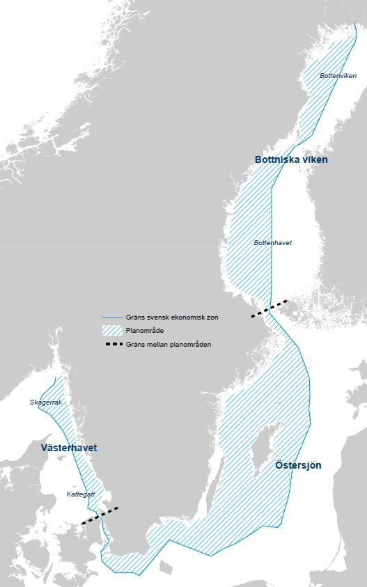 Tre nationella havsplaner håller på att ta form Tre havsplanområden: Västerhavet, Östersjön och Bottniska viken 1 nautisk mil (1