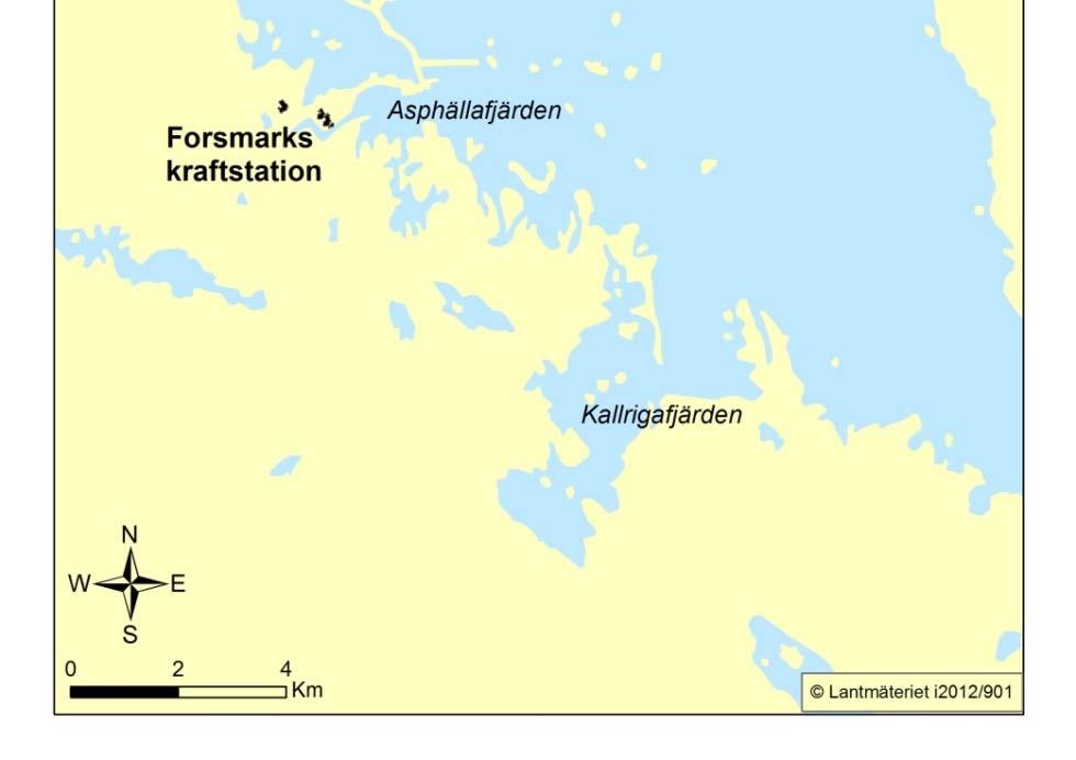 kraftverket via Asphällafjärden, Biotestsjön, närrecipienten i Forsmarks skärgård samt