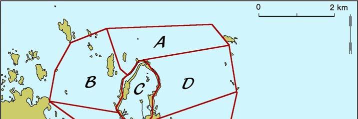 Figur 1. Inventeringsområdet för sjöfågel och dess indelning i sju zoner (A-G). 3.