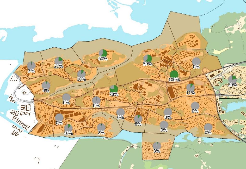 Nedan redovisas kartmaterial med andelen hyresrätter i förhållande till andra upplåtelseformer i