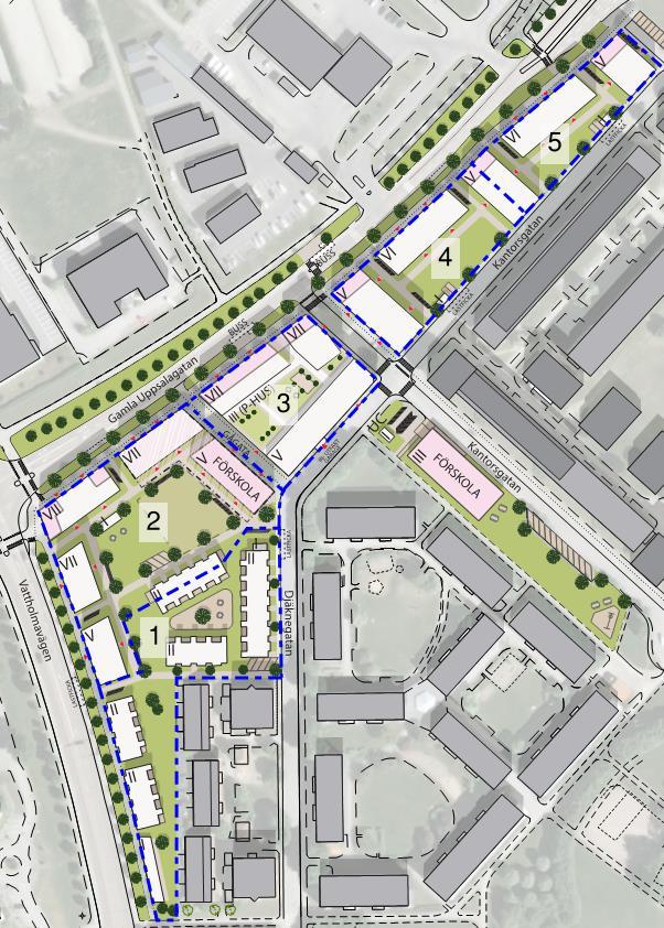 Sida 6 (22) P-hus med lägenheter Figur 2. Bearbetad illustrationsplan, 2015-09-24, över området (Petter Öhman arkitektkontor AB), med delområdesindelning.